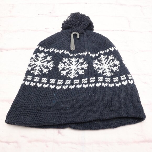 Chapeau Snowflake Winter Ski Beanie Hat Navy White Fleece Lined W/Top Pom - Picture 7 of 9